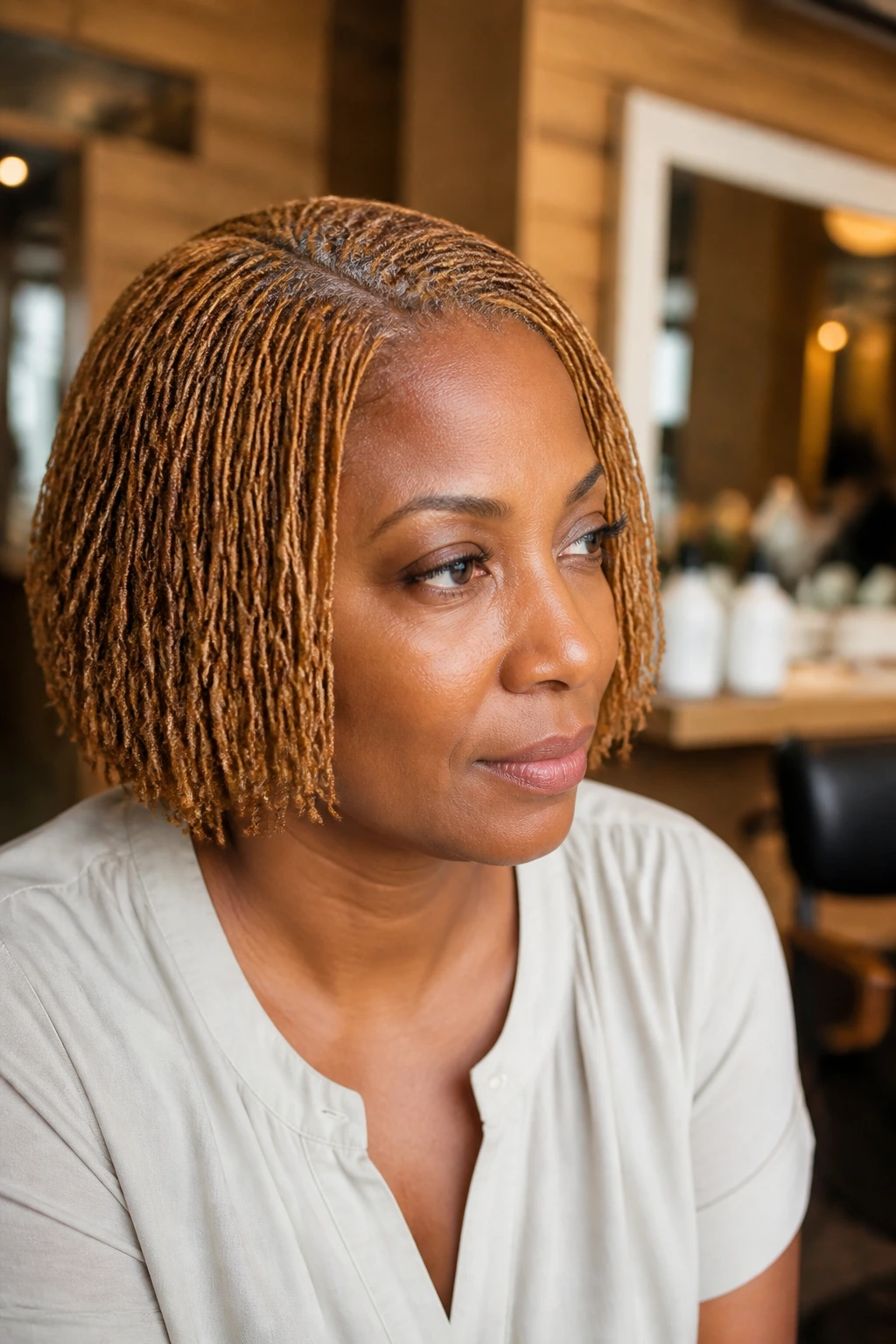 Close-up of a real woman with caramel-blonde sisterlocks bob