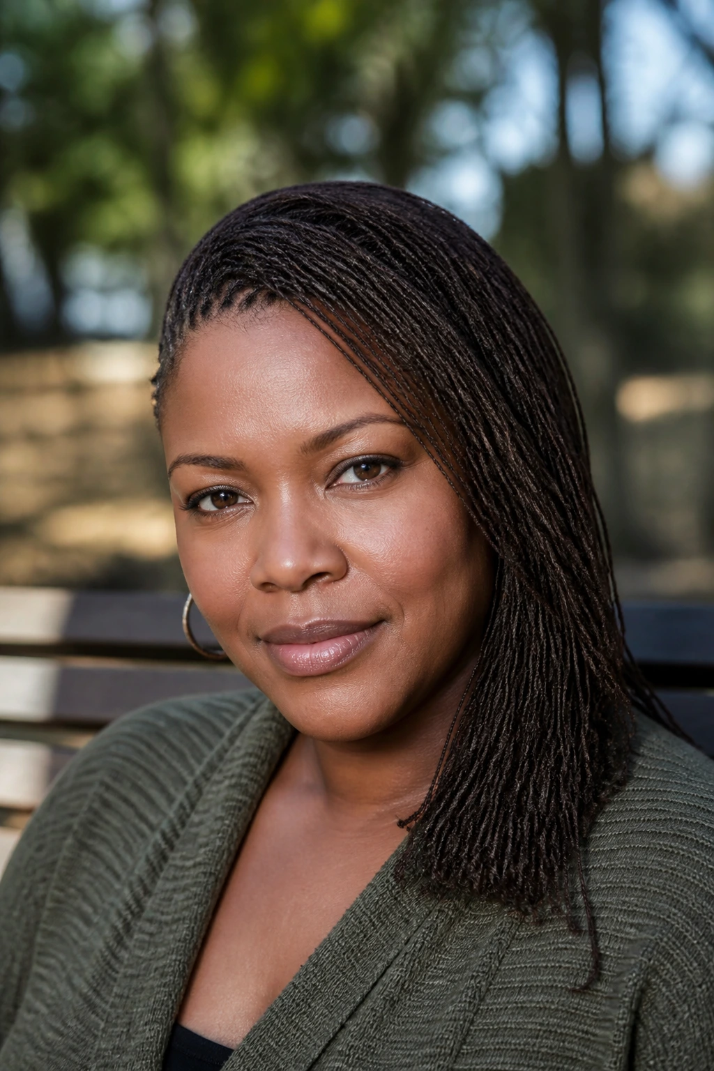 Close-up of a woman with sisterlocks swept to the side