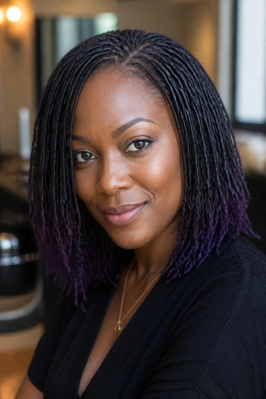 Close-up of a real woman with sisterlocks and violet tips framing her face