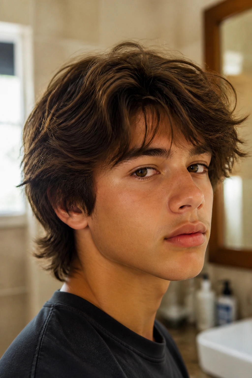 Close-up portrait of a real boy with thick skate-cut hair and choppy layers in warm natural light.