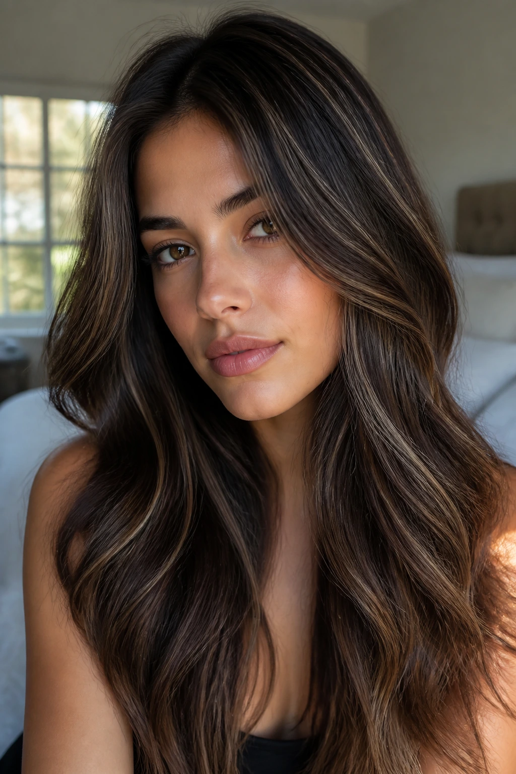 Close-up portrait of a woman with ultra-thin skim highlights on dark hair