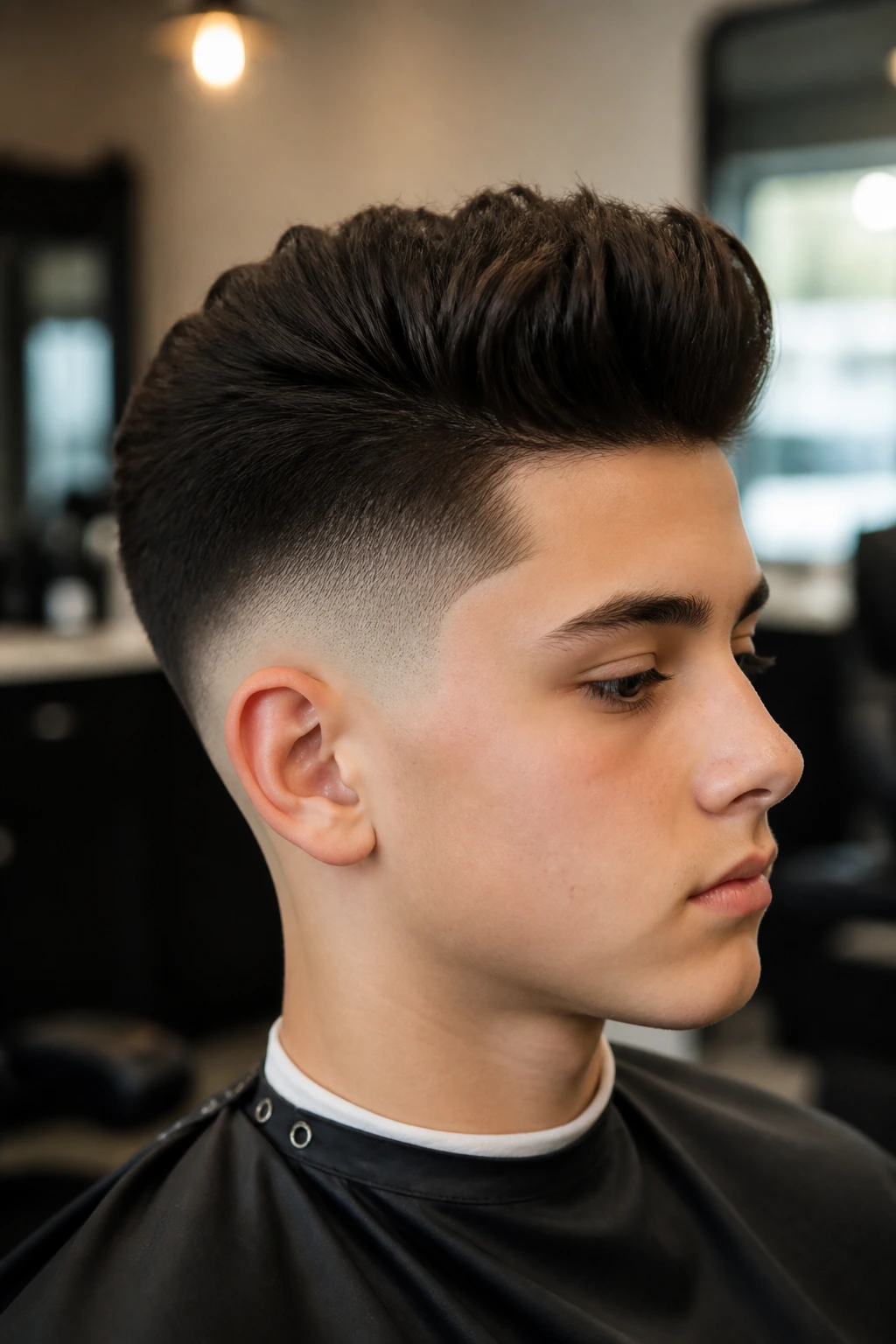 Close-up of a real boy with skin fade undercut and brushed-up top