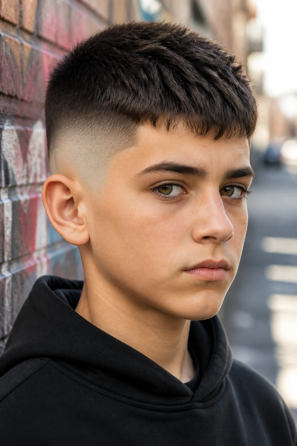 Close-up of a real boy with a skin fade crew cut on an urban street