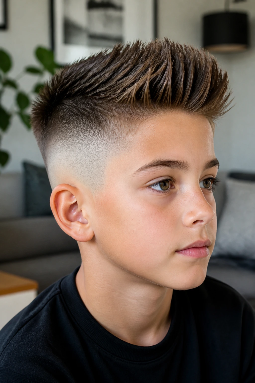 Close-up of a real boy with a skin fade Eurohawk and brush-up top