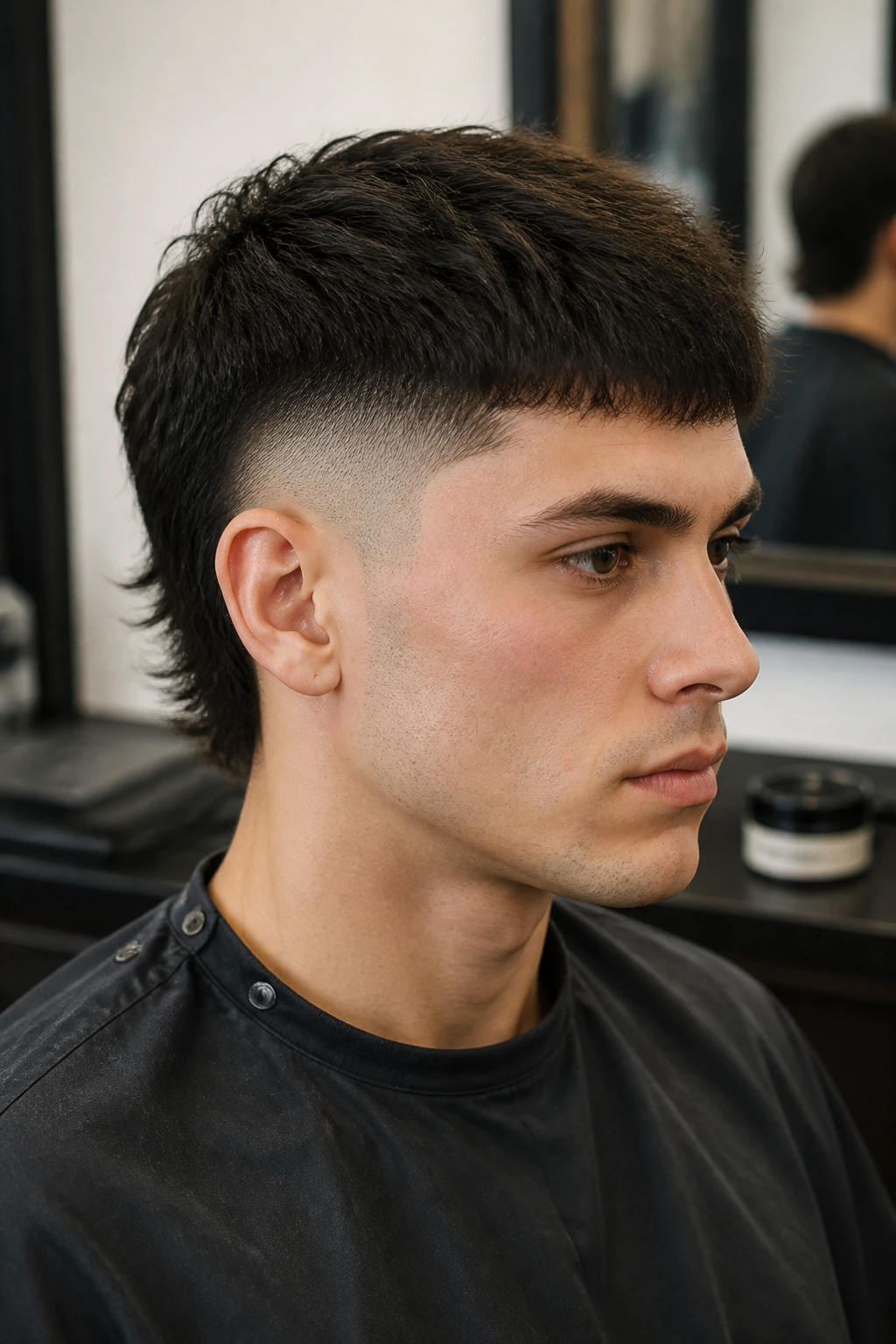 Close-up of a man with skin fade sides and short back mullet, thick straight top around 2 inches