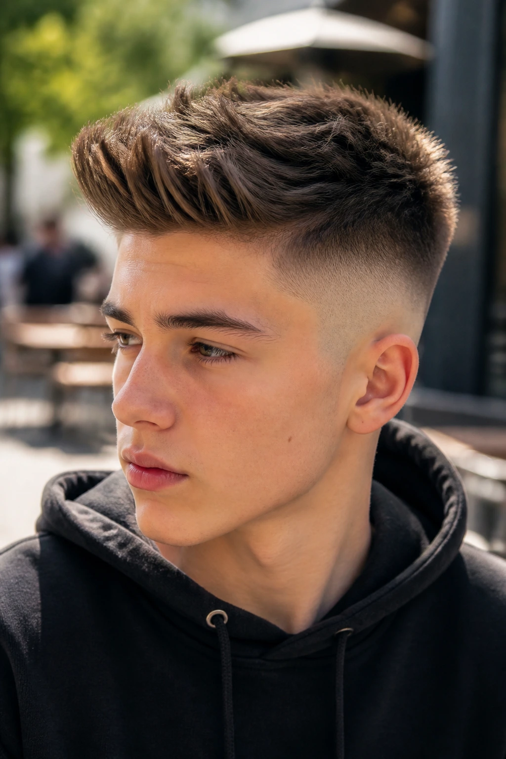 Boy with skin fade quiff on a park bench portrait