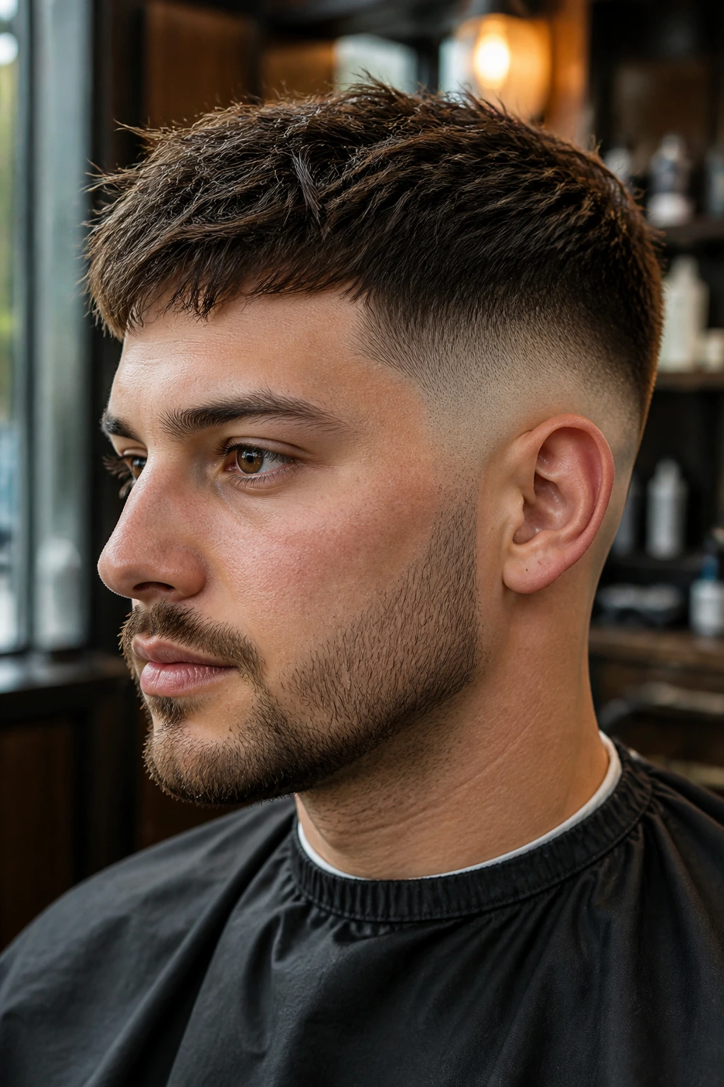 Close-up of a man with a low skin fade and textured top in a barbershop setting