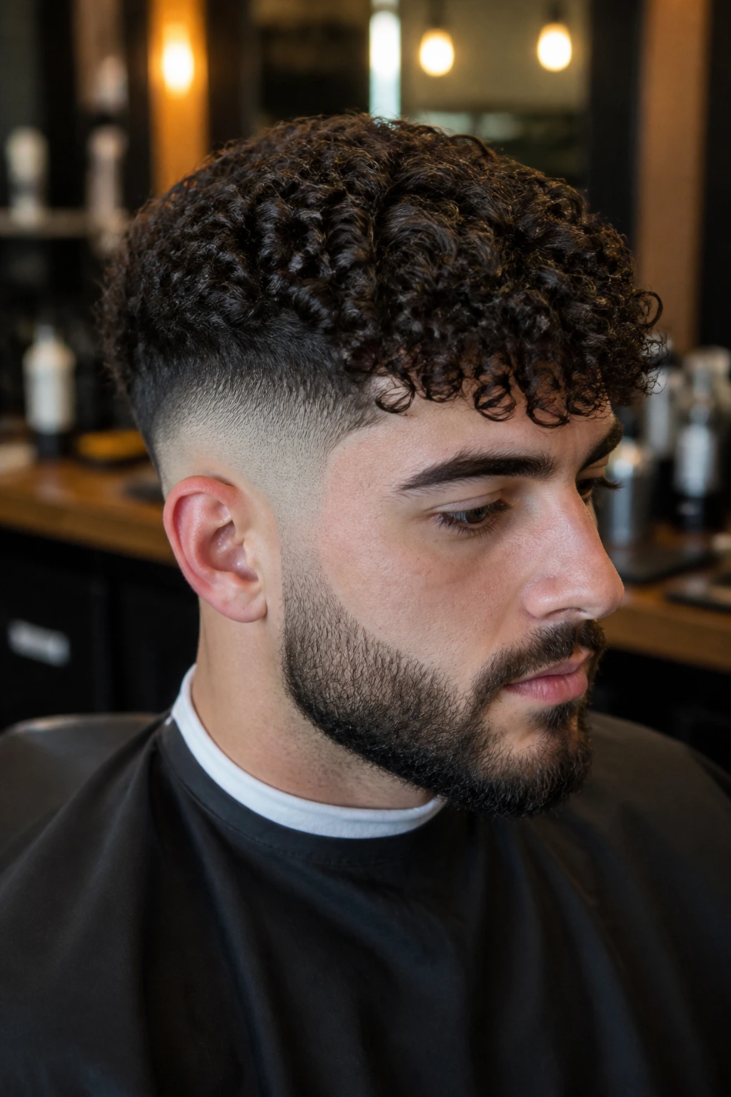 Close-up of a man with skin fade and tight ringlets showcasing a textured crop