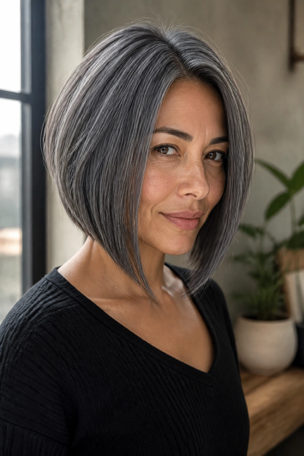 Real woman with slate gray angled bob in sunlit room