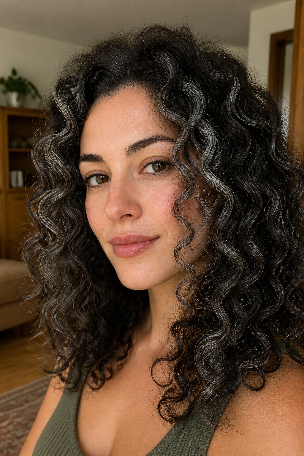 Close-up of curly hair with slate balayage on curl clumps.