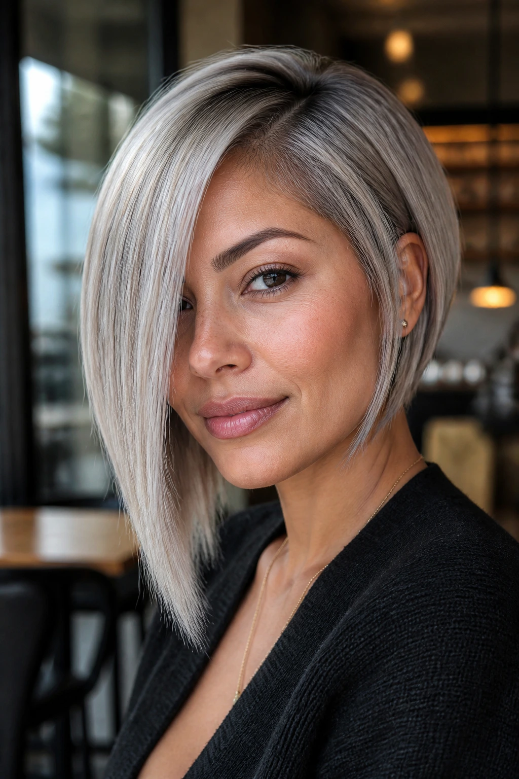 Close-up of a real woman with slate blonde asymmetric bob.