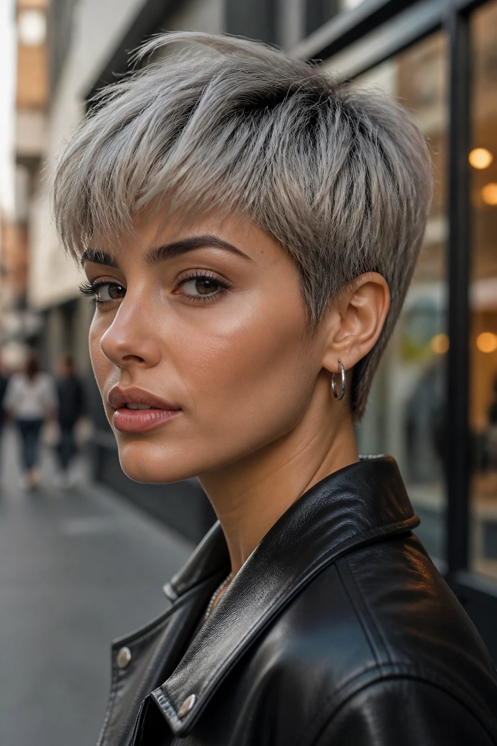 Real person with slate blonde crop hairstyle in an urban daylight setting.