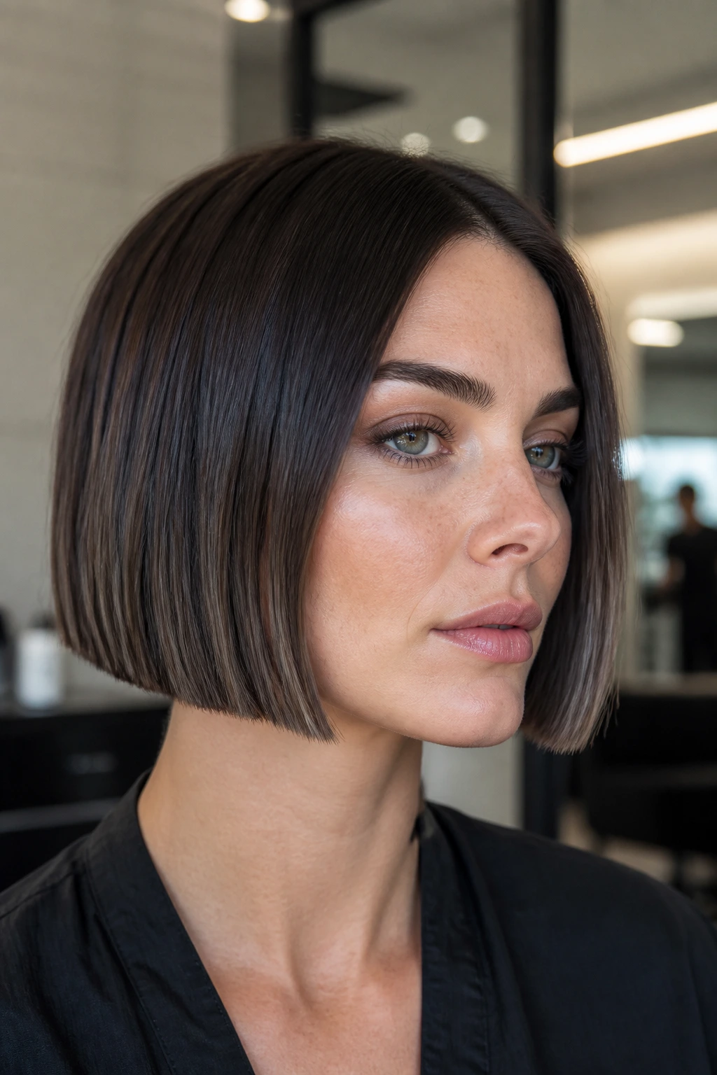 Brunette with blunt bob featuring slate brown accents around jawline