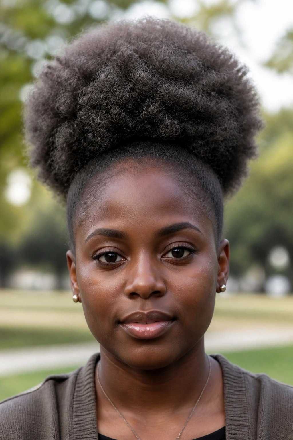 Close-up of a real person with slate brown afro puff and defined coils