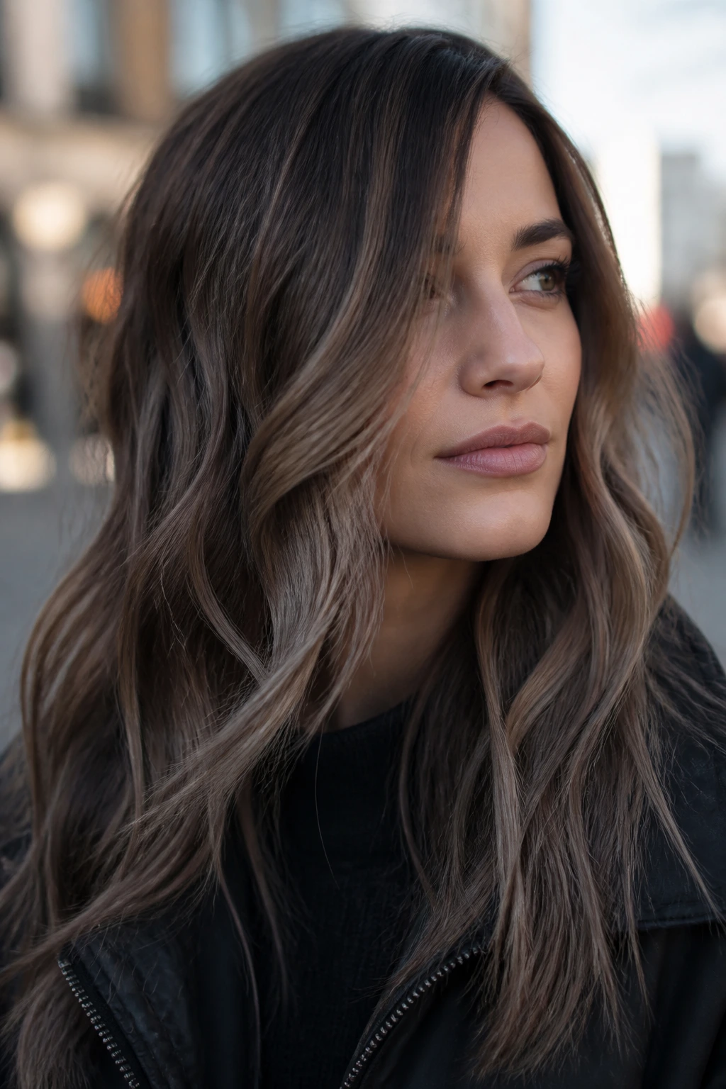 Real woman with slate brown balayage in a close-up portrait