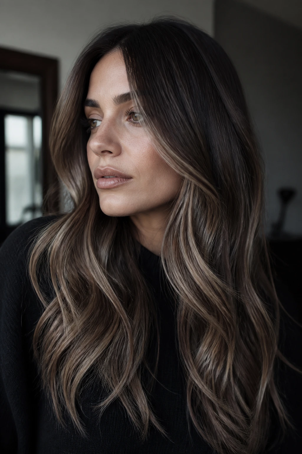 Close-up portrait of slate brown hair with sand caramel accents on cool-toned skin in a moody indoor setting.