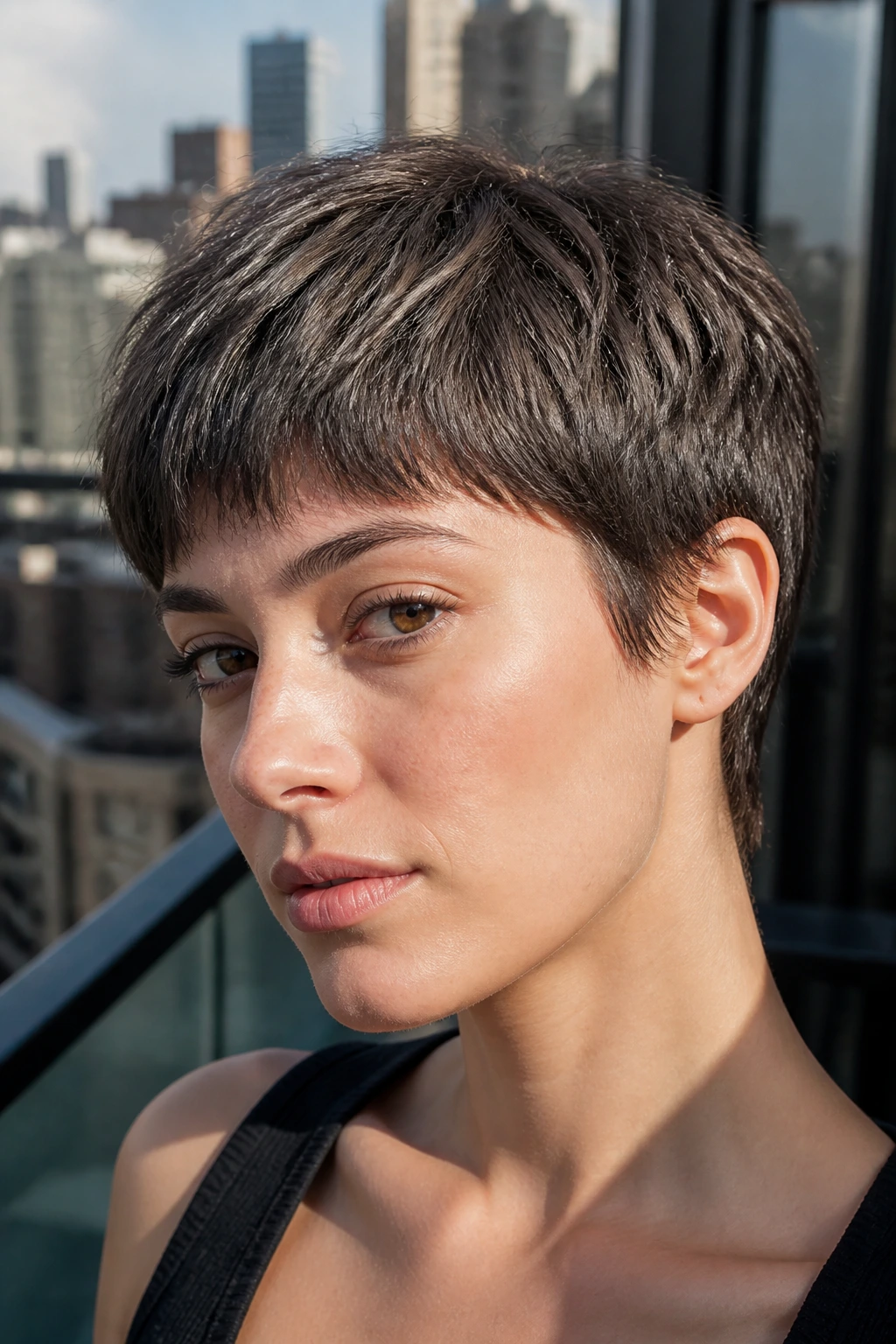Close-up portrait of a woman with slate brown cropped hair in natural daylight on an urban balcony