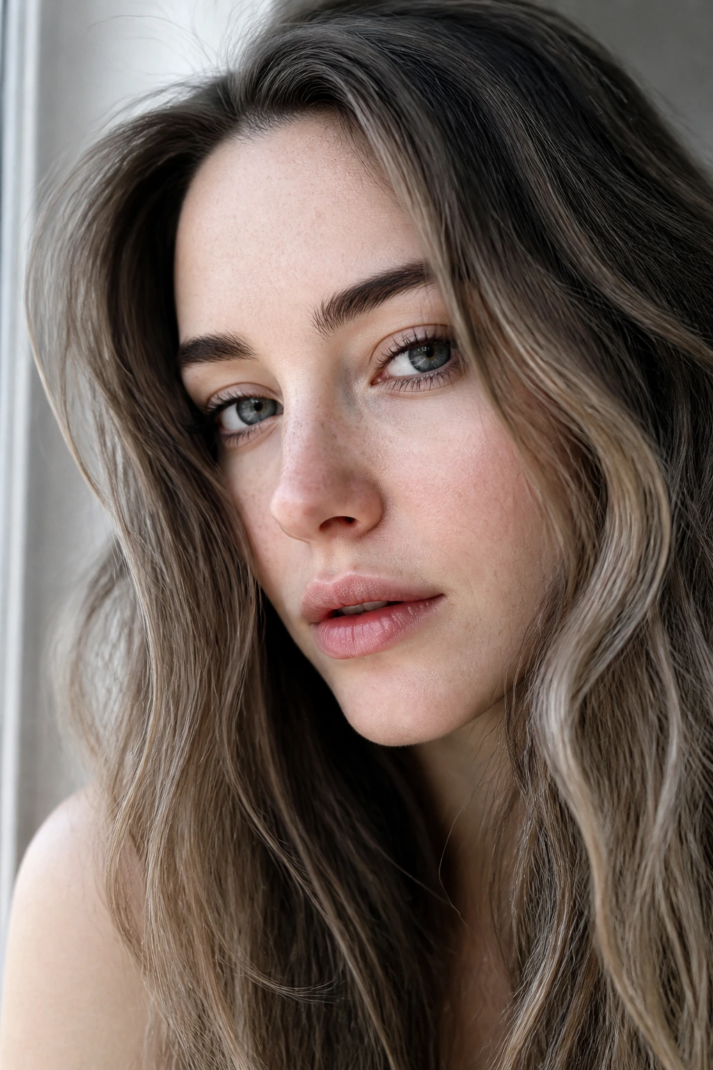 Close-up portrait showing slate brown frame around fair skin