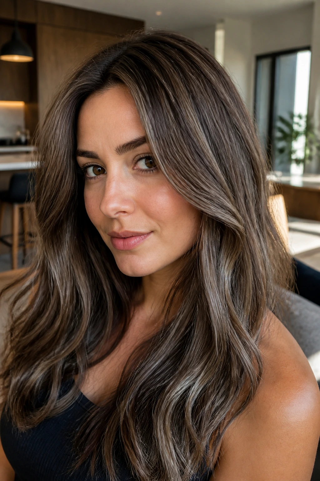 Close-up of a woman with slate brown lowlights for depth
