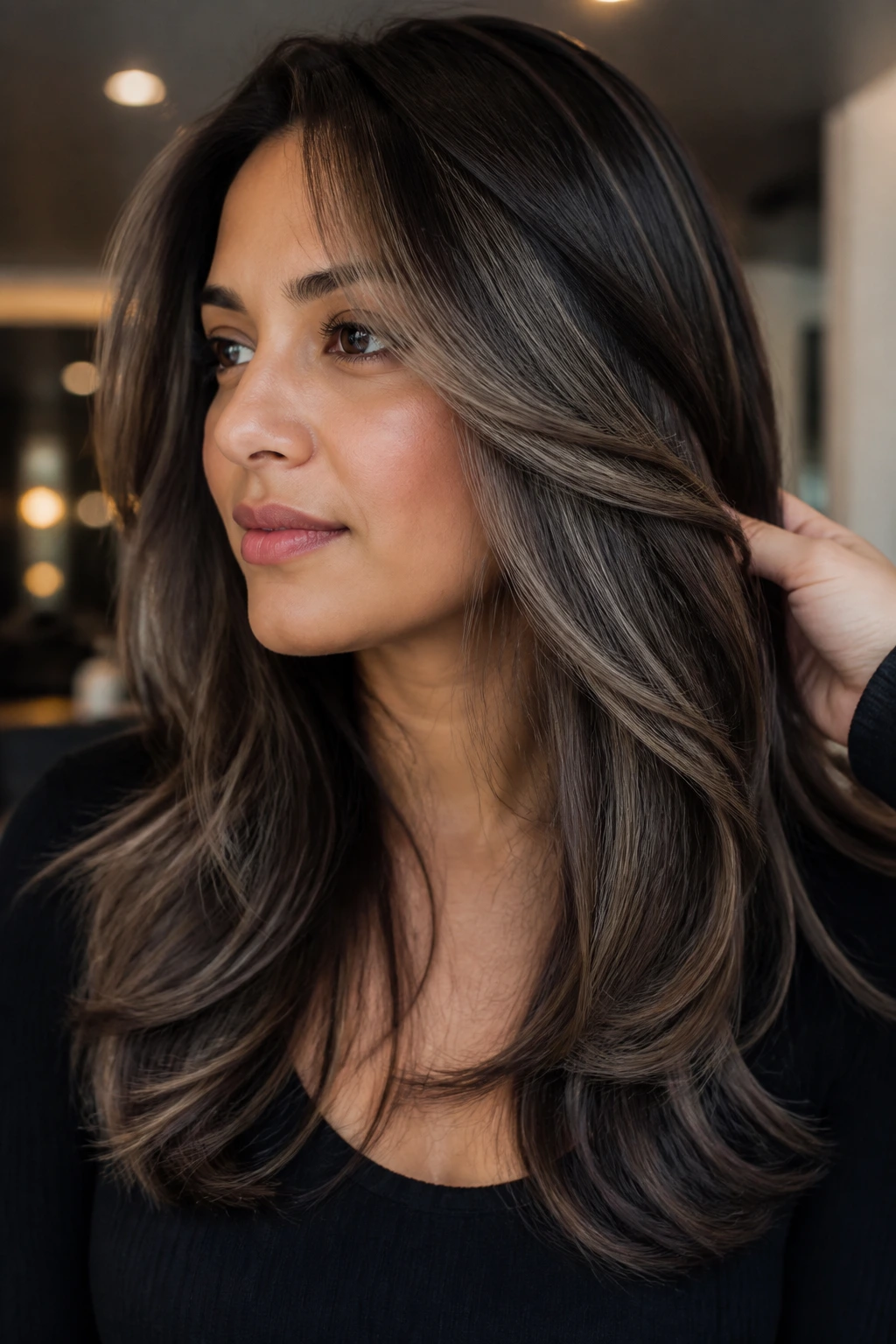 Close-up of medium skin tone hair with slate brown lowlights
