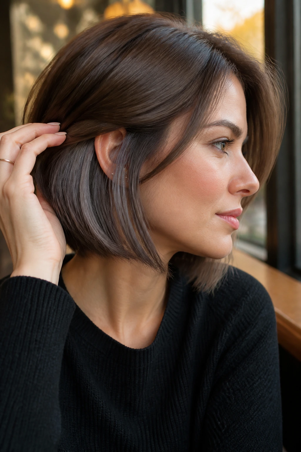 Close-up of a real woman with a bob showing slate brown peekaboo panels behind the ear