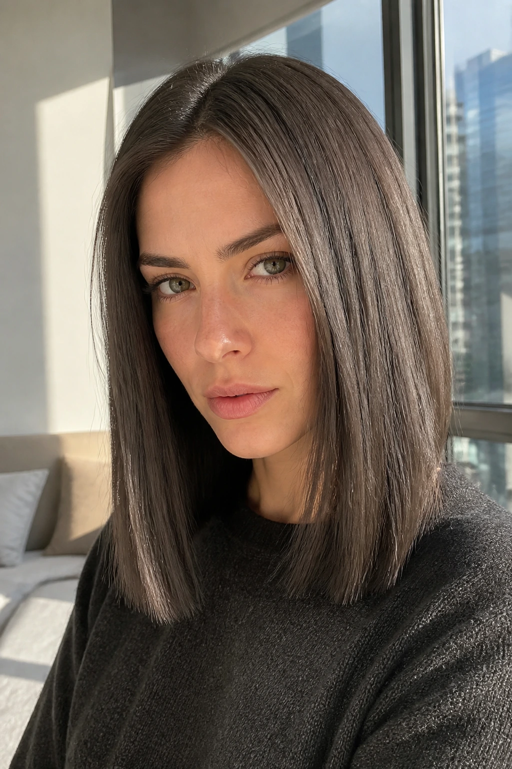 Close-up of real woman with slate brown straight cut in daylight