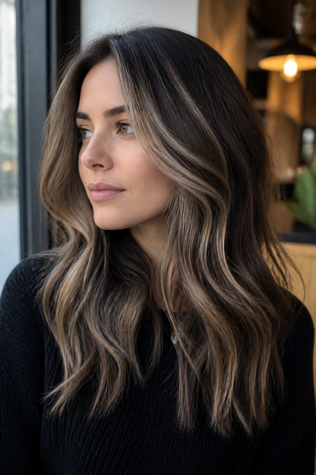 Close-up of a real woman with slate brunette and soft blonde veils in hair.