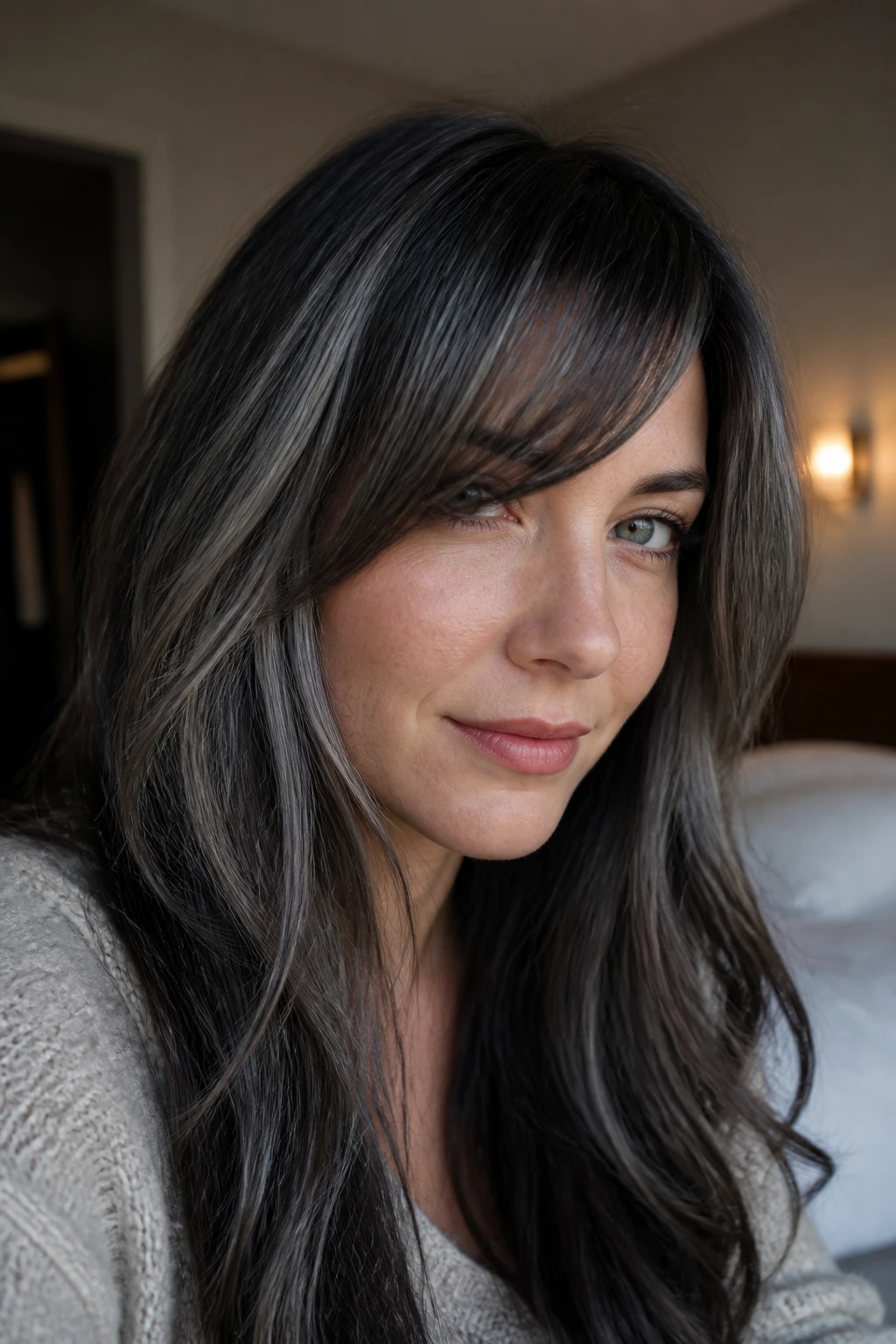 Close-up of a real woman with slate brunette hair and soft ribbons, side-swept bangs