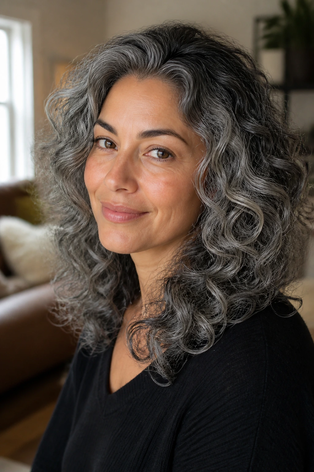 Close-up of a woman with slate curls and a dark root shadow on olive skin.