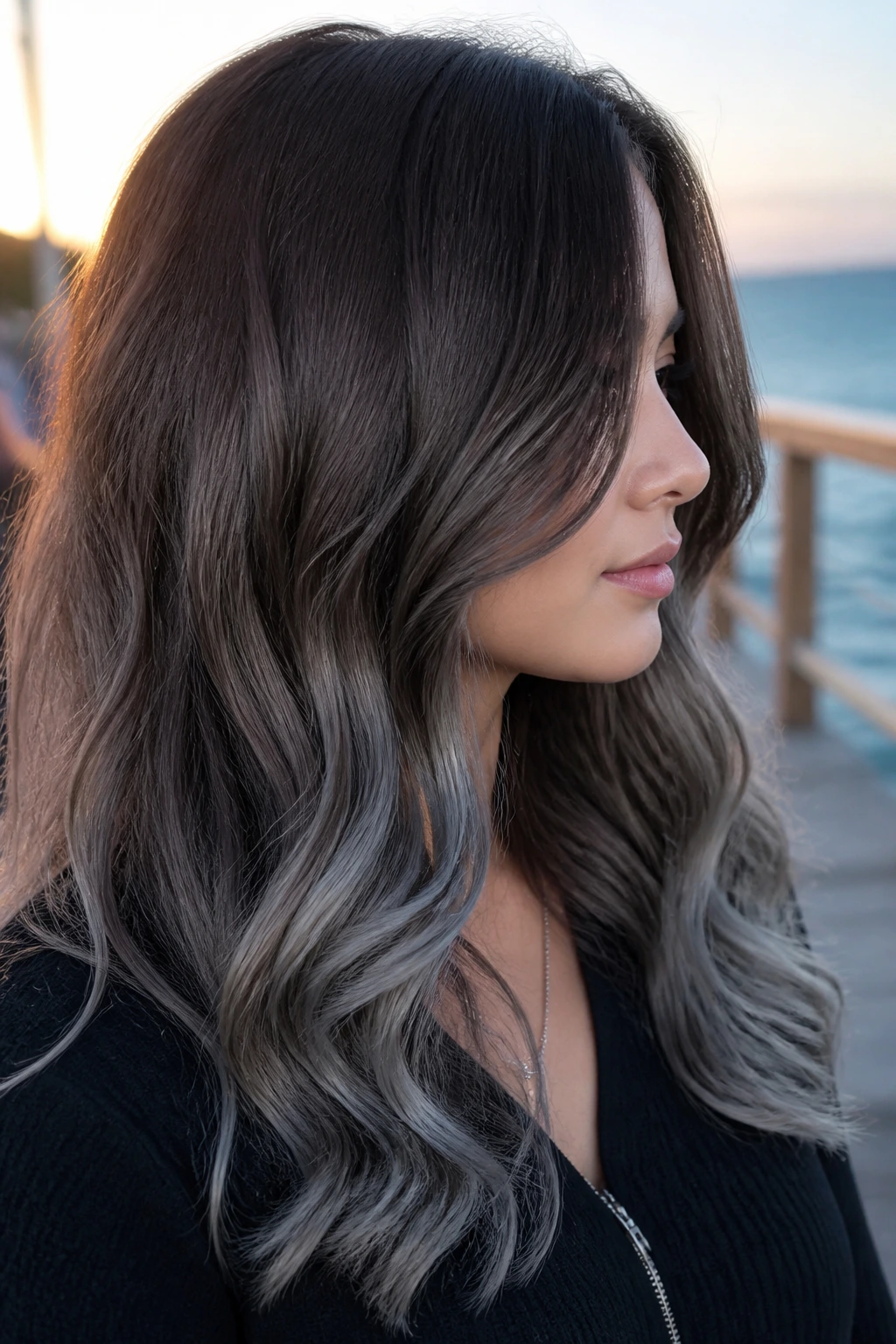Side-profile portrait showing slate ends on soft waves