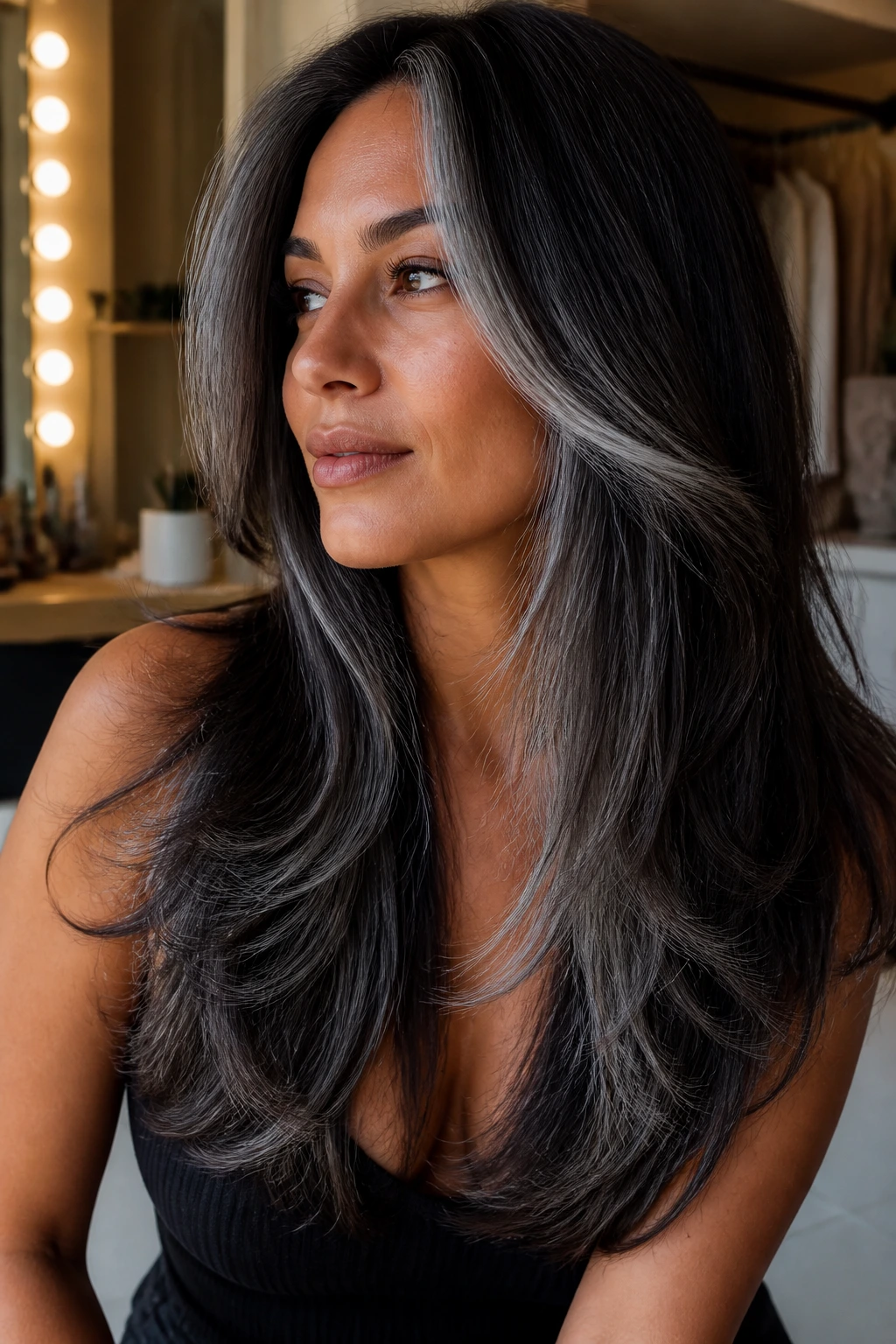 Close-up of a real woman with Long V-Cut With Slate Face Framing on tan skin