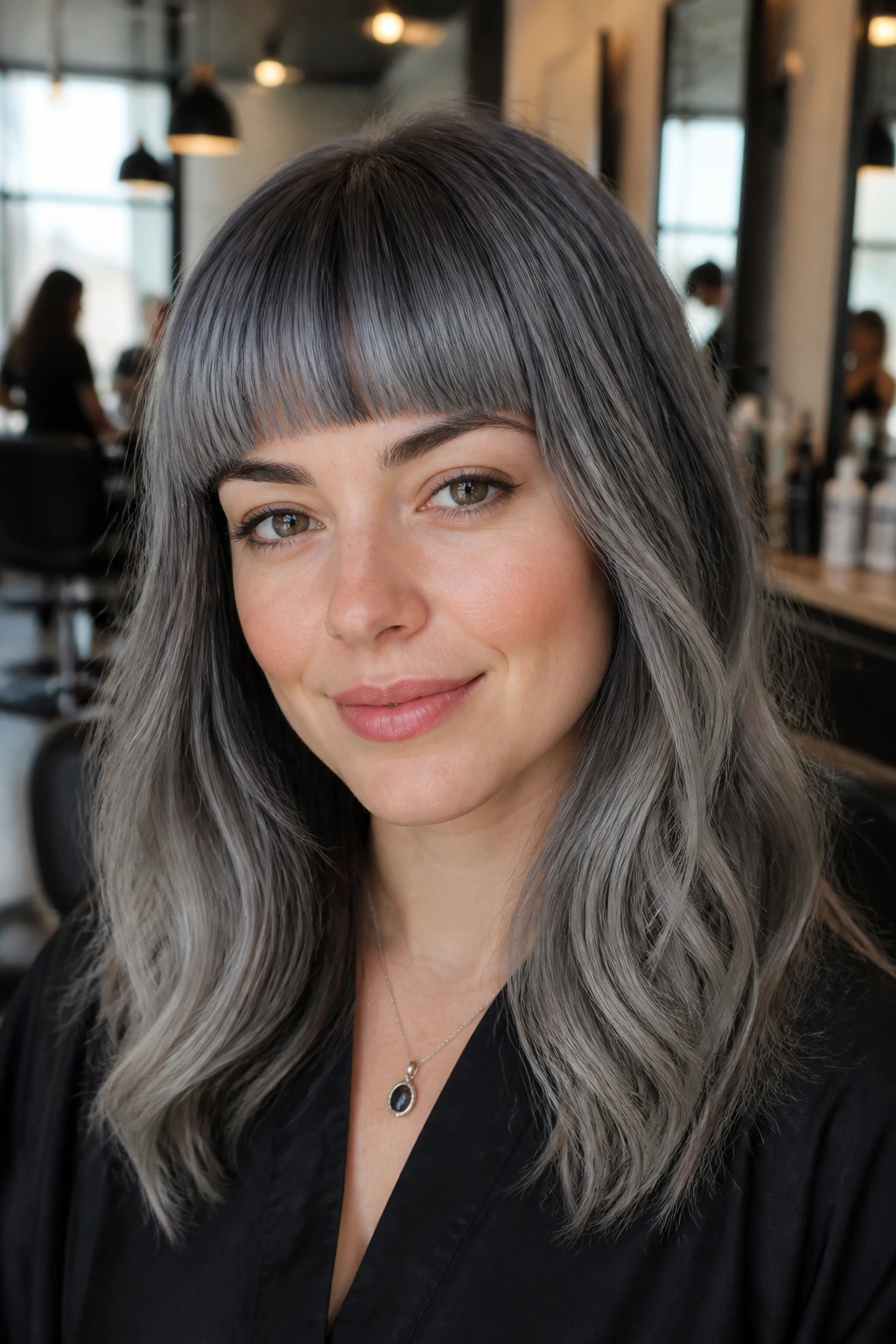 Portrait of a person with slate gray hair and blunt fringe