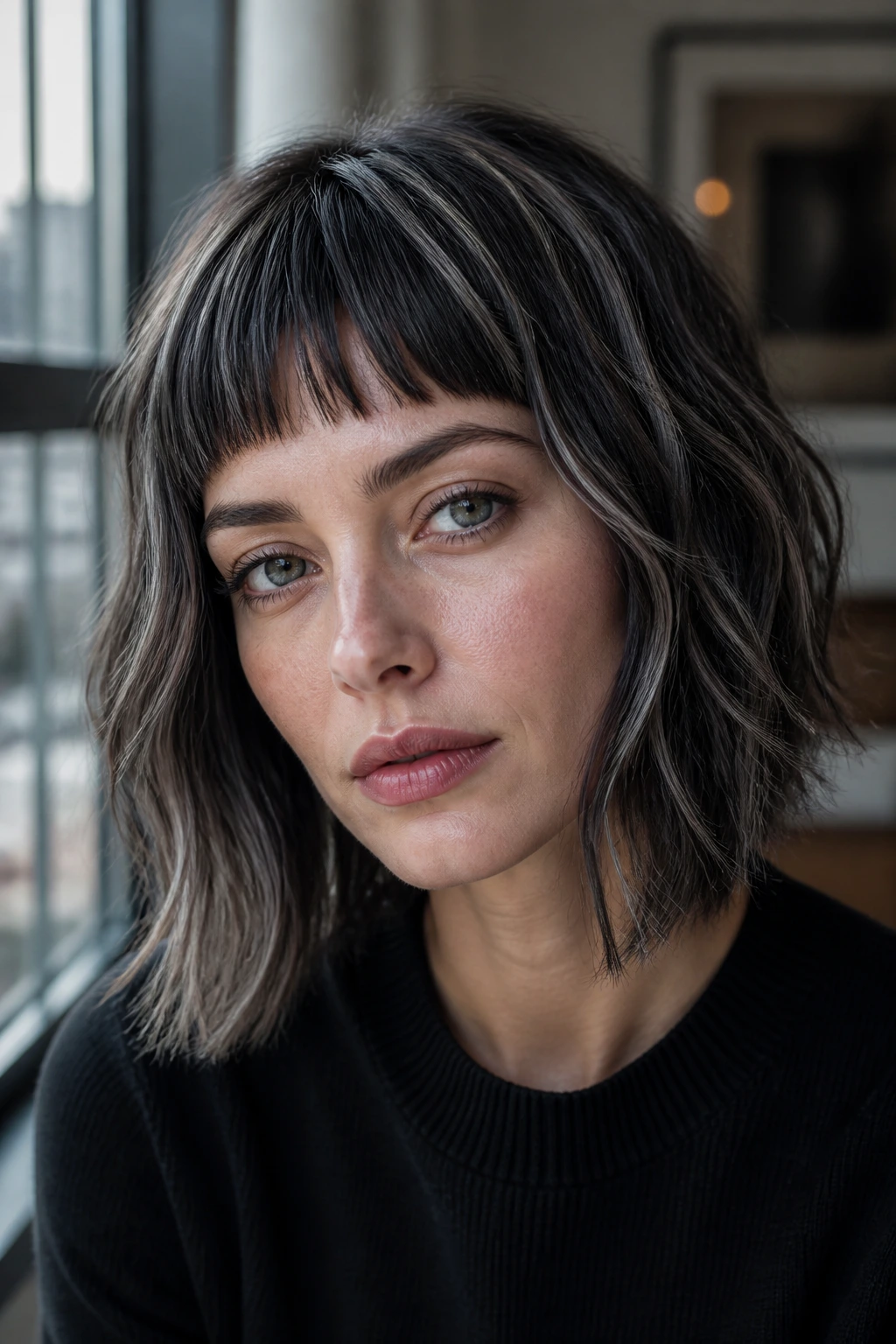 Close-up of a real woman with slate gray highlights and micro bangs under natural window light