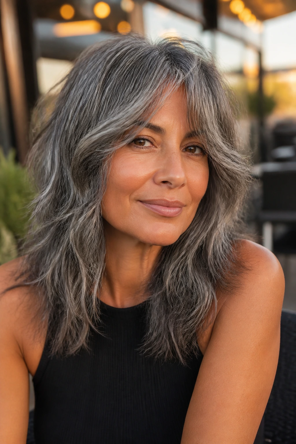 Close-up of a real woman with slate gray dimensional shag and curtain bangs on tan skin outdoors.