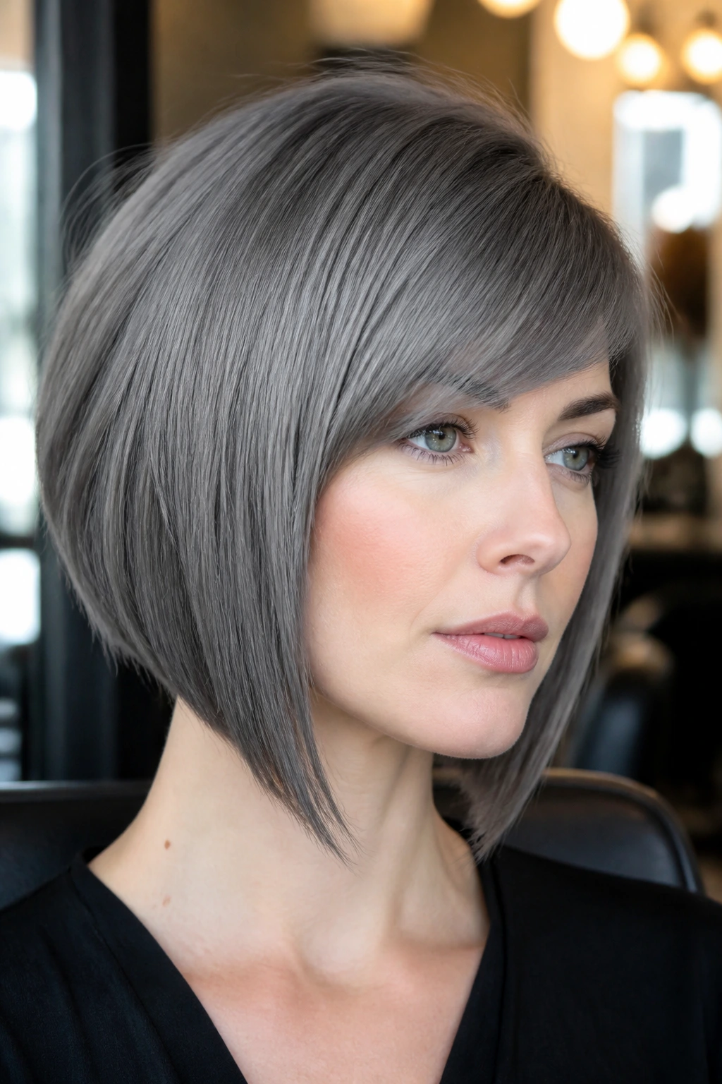 Close-up of slate grey angled bob with side-swept fringe on a real person.