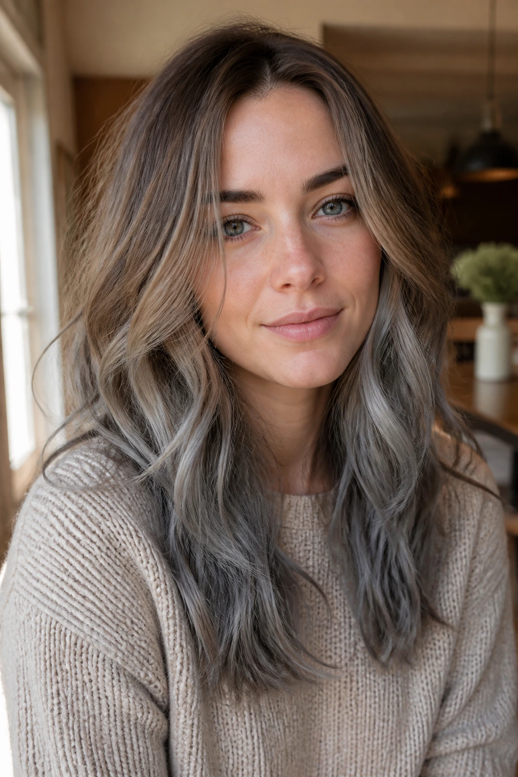 Medium close-up of a real woman with slate grey ends on dark blonde hair framing the face