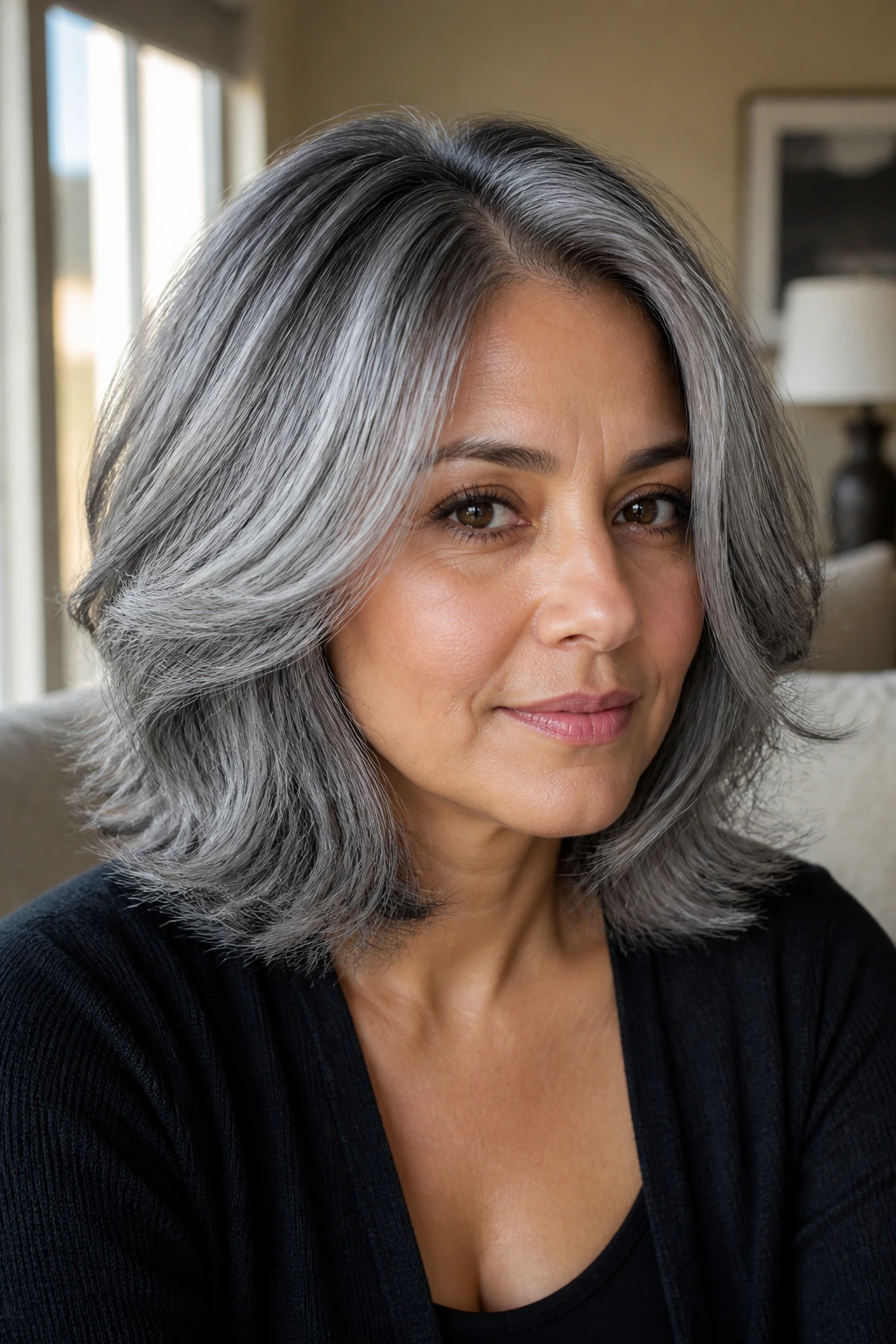 Close-up of real person with soft slate grey layered hair and dim root, natural window light.
