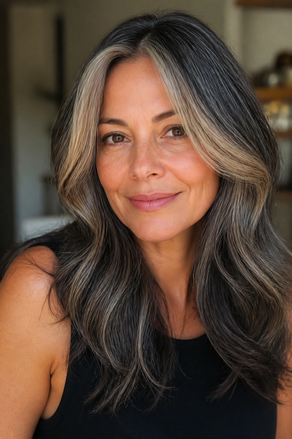 Close-up of slate grey hair with a honey face frame on a real person in warm window light