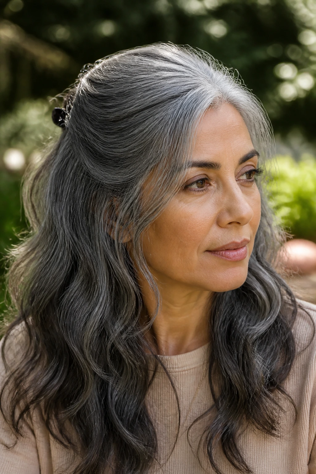 Portrait of a woman with slate grey half-up waves