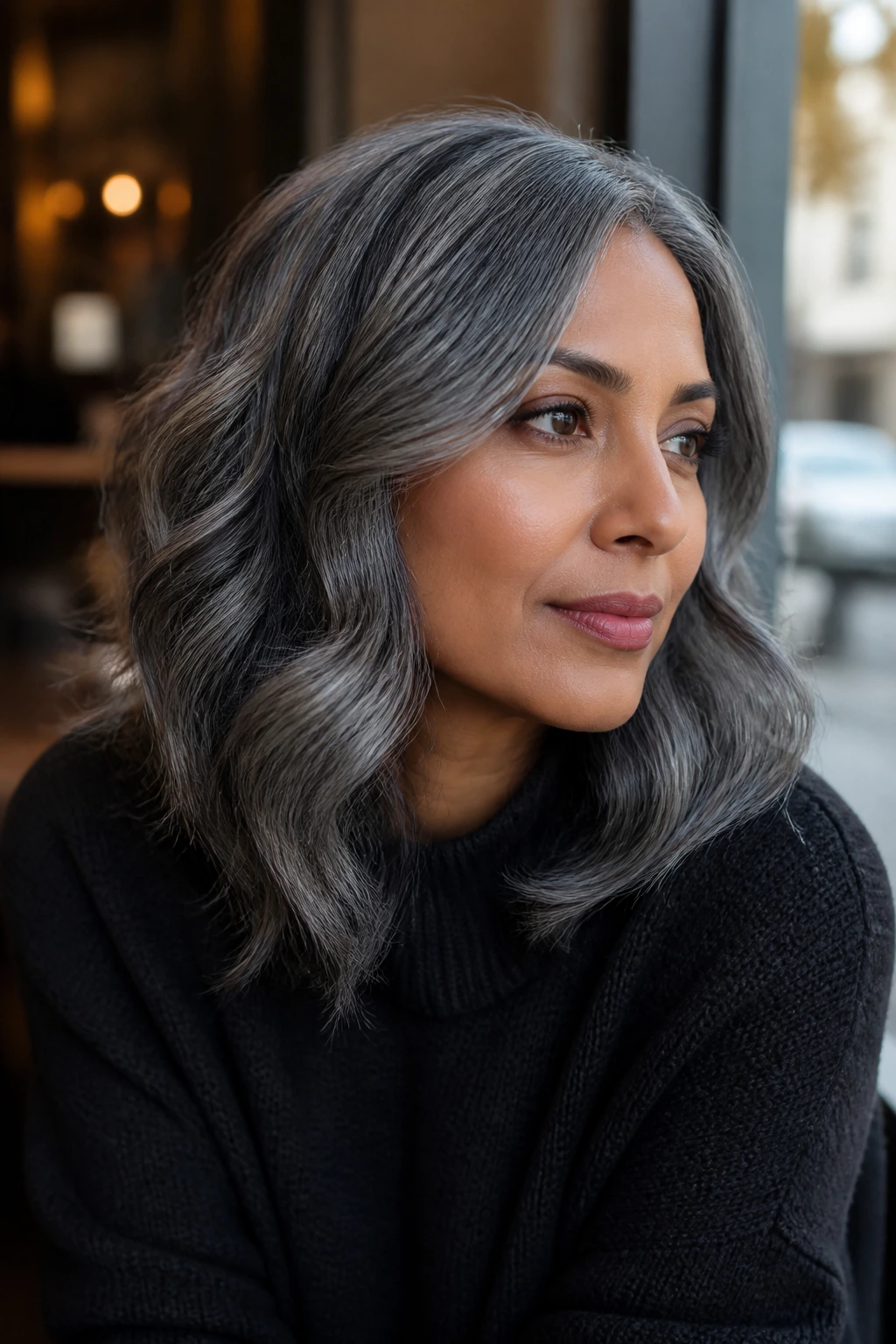 Close-up portrait of a woman with slate grey waves and muted lowlights