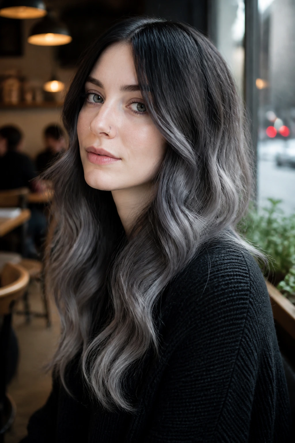 Close-up portrait of a real woman with slate ombré waves in soft daylight.