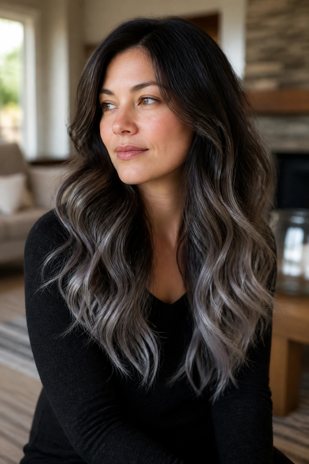 Real woman with slate grey ombre on long brunette layers in soft waves.