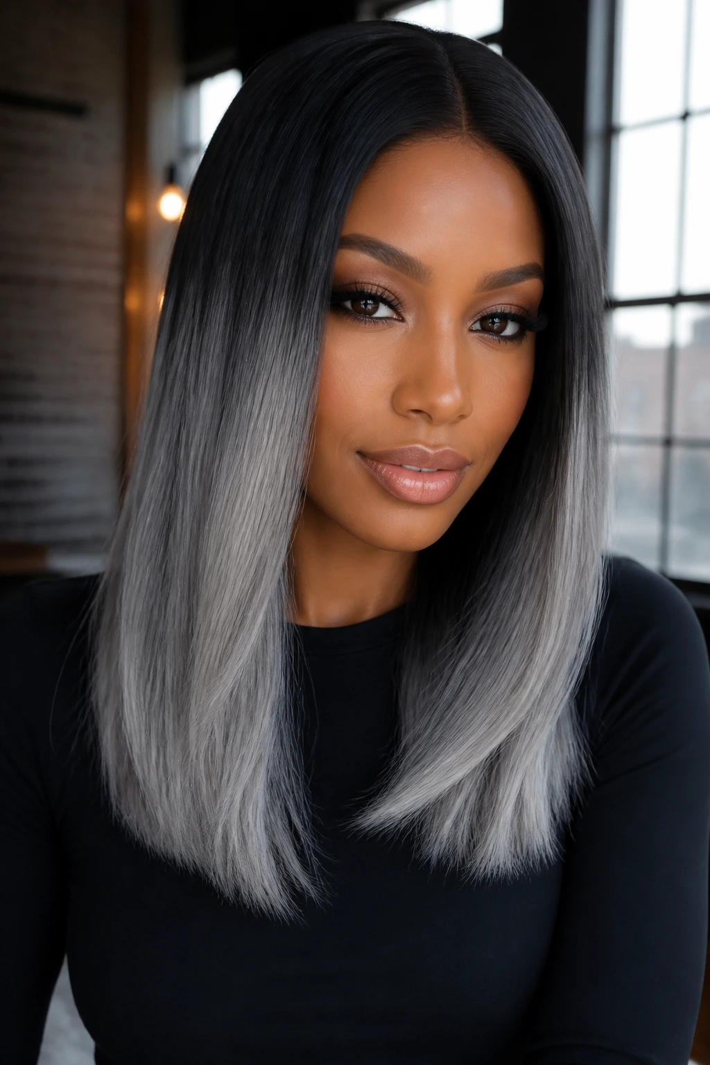 Close-up of a real woman with Slate Ombre hair transitioning from black to slate to silver
