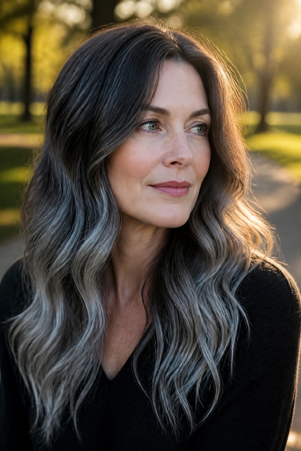 Real person with slate ombré waves showing a gradual grey gradient