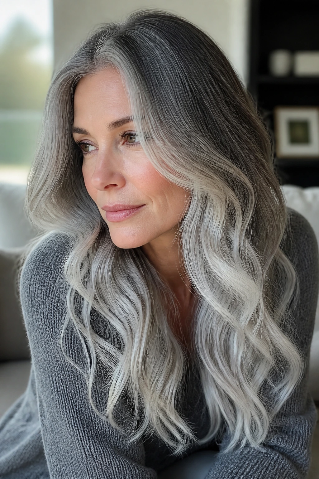 Portrait of a woman with slate-to-pearl ombre waves.