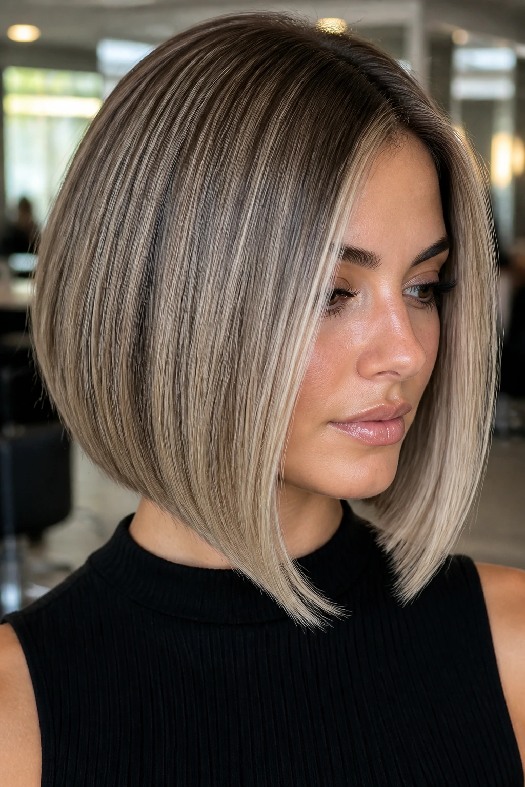 Close-up of sleek A-line bob with pearl babylights