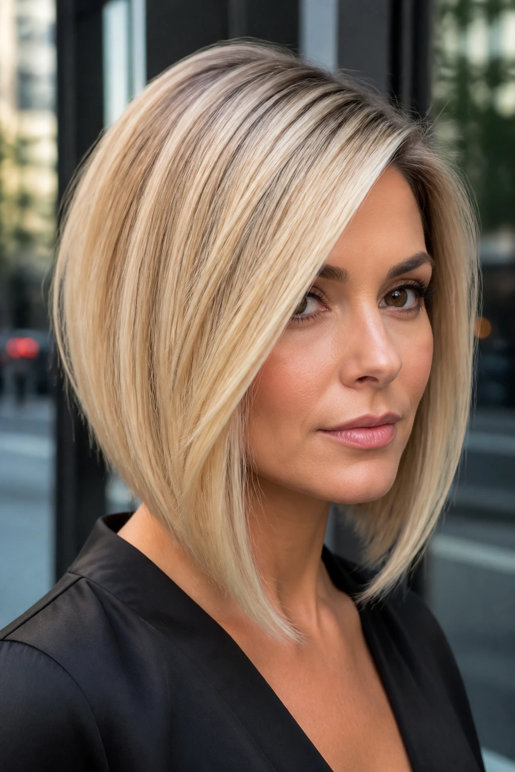 Portrait of a woman with a New York Sleek A-Line Lob in an urban setting.