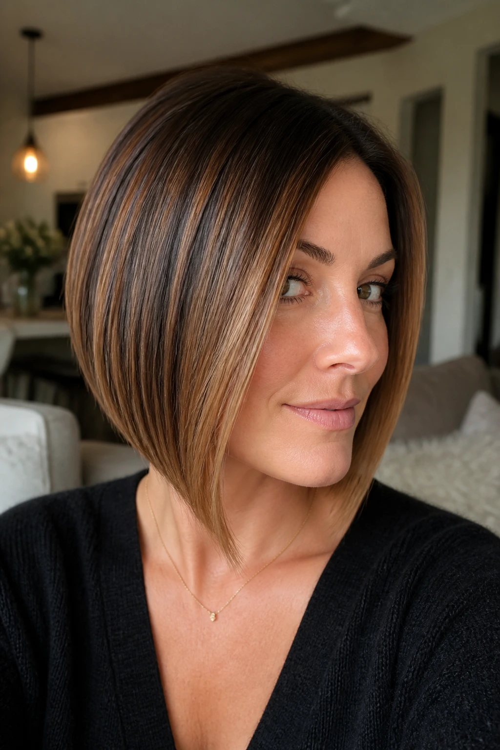 Close-up of a real person with a sleek angled bob and caramel highlights