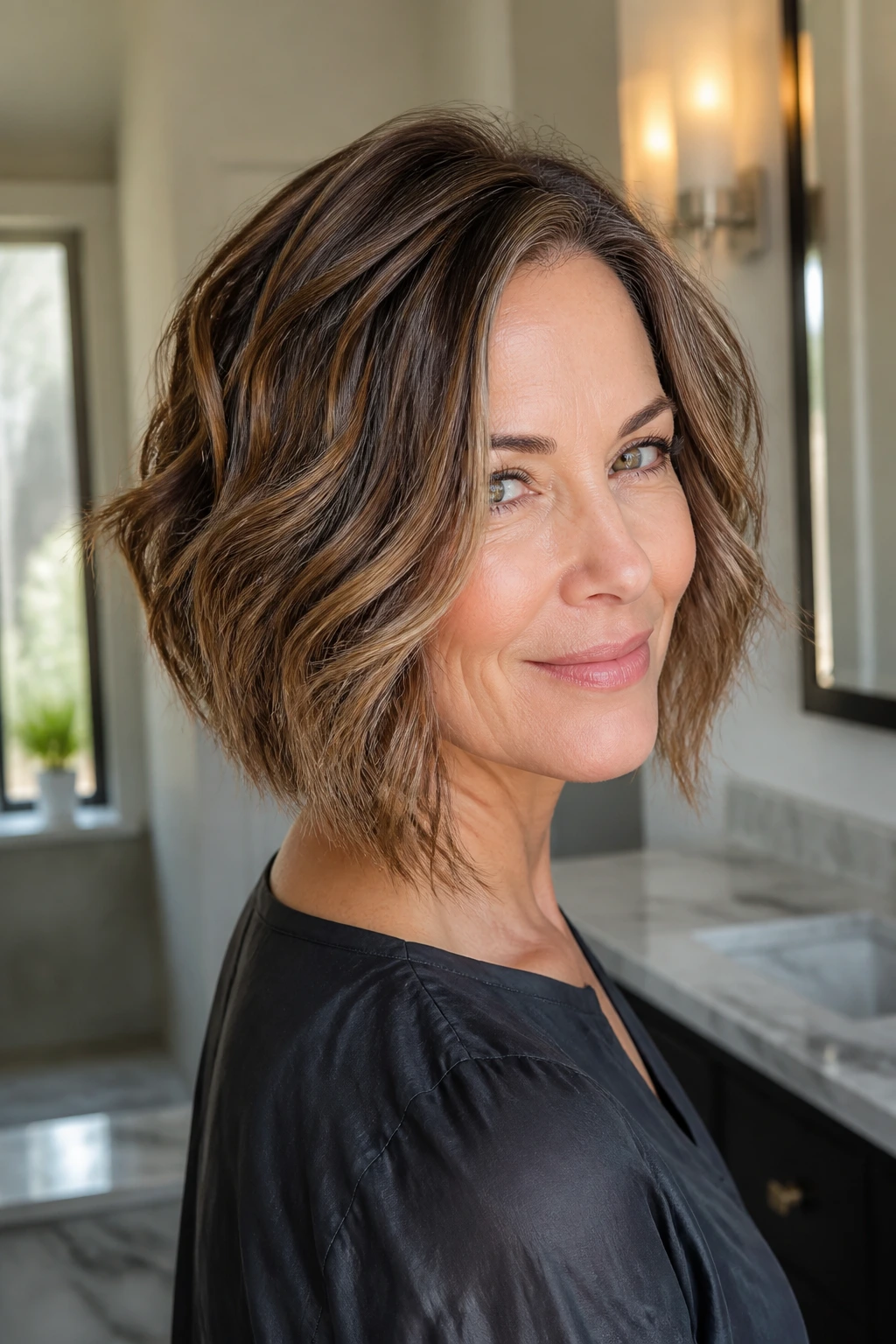 Close-up of a real woman's sleek angled bob with coarse waves