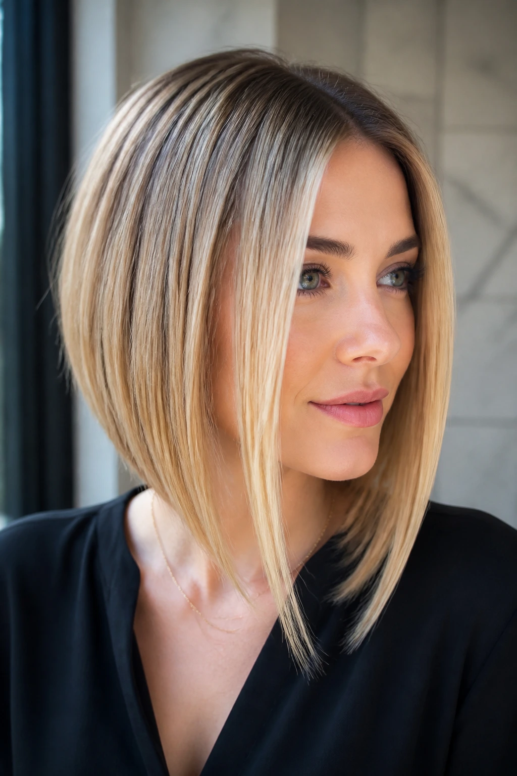 Real woman in a sleek angled bob with long front pieces